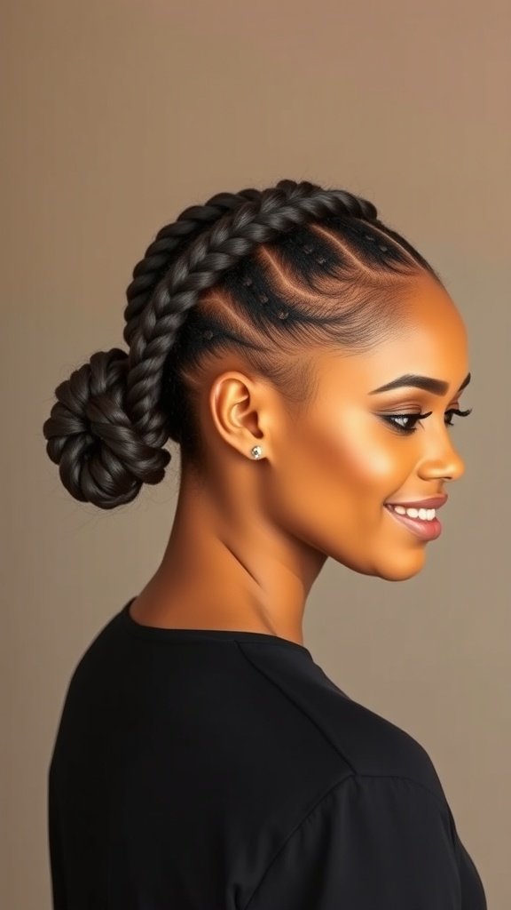 A woman with knotless box braids styled in a chignon, smiling and showcasing her elegant hairstyle.