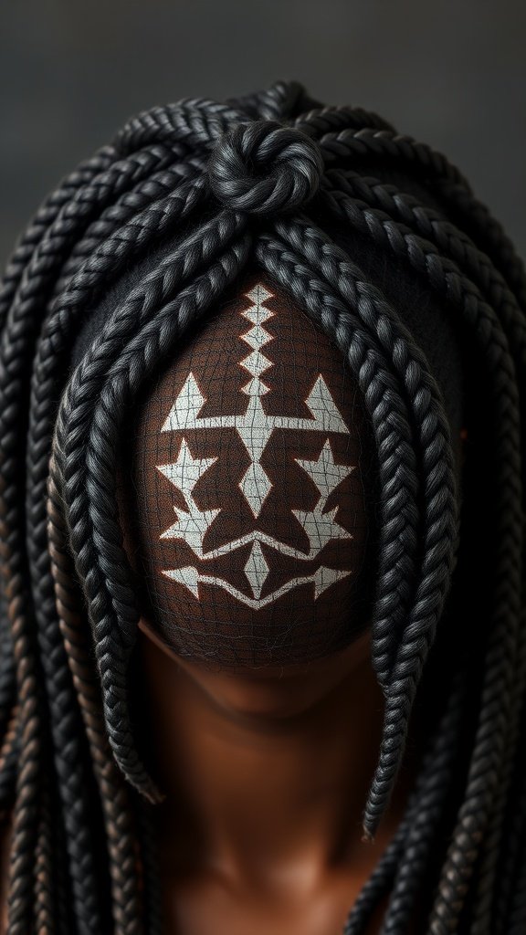 A close-up of a mannequin with knotless box braids styled in a crown, featuring intricate patterns on the head.