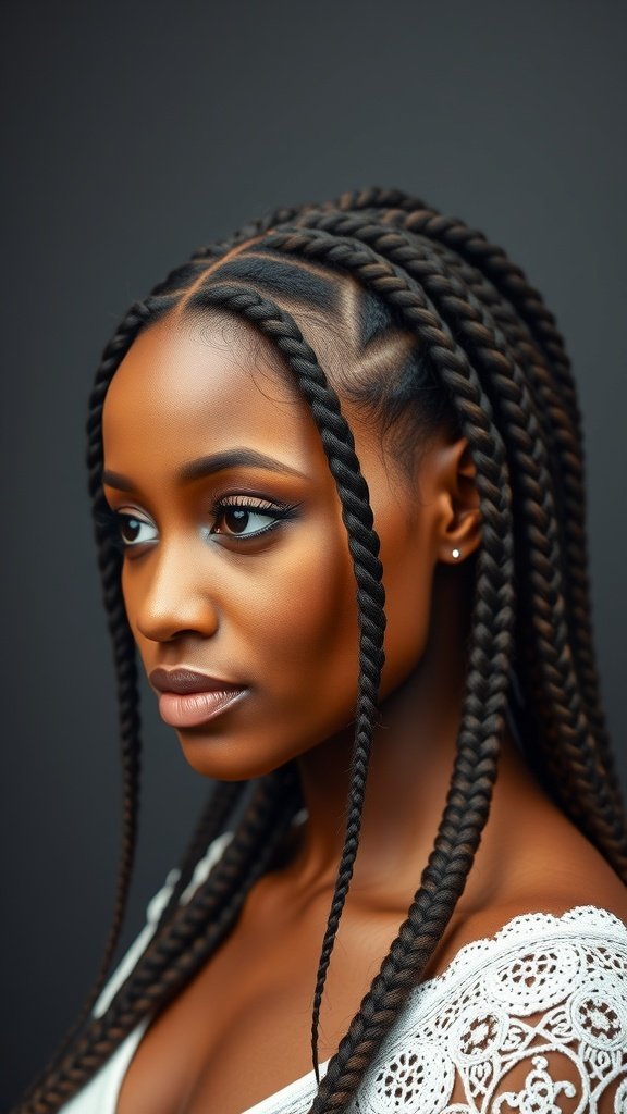 A woman with knotless box braids styled in a crown braid, showcasing elegance and beauty.