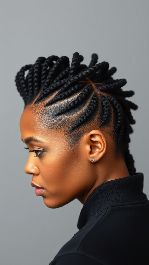 A woman with knotless box braids styled in a faux hawk, showcasing an edgy and stylish look.