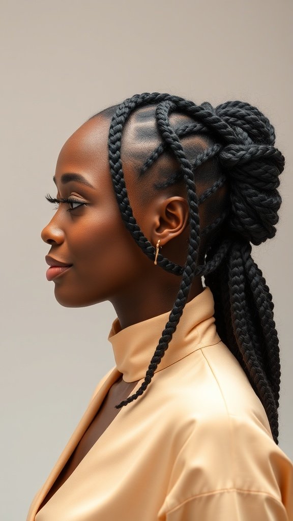 A woman with knotless box braids styled in a hair wrap, showcasing elegance and creativity.