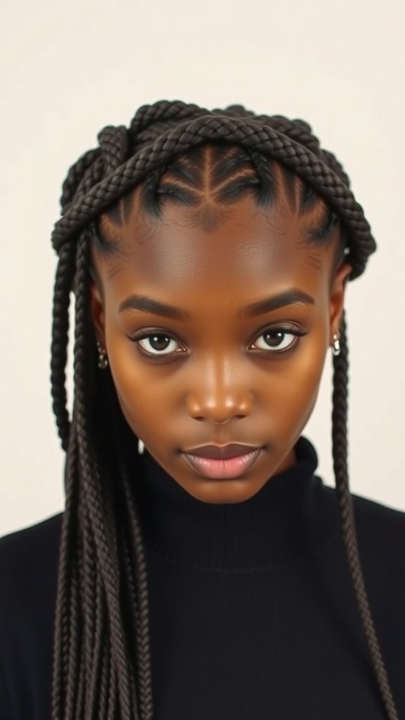 A woman with knotless box braids styled in a halo around her head, showcasing a unique and elegant hairstyle.