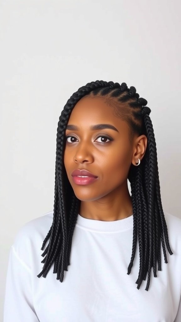 A woman with knotless box braid lob hairstyle, showcasing a modern and stylish look.