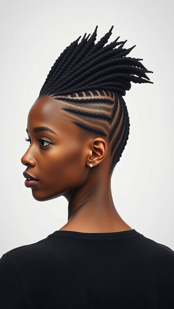 A stylish woman showcasing a knotless box braid mohawk hairstyle.