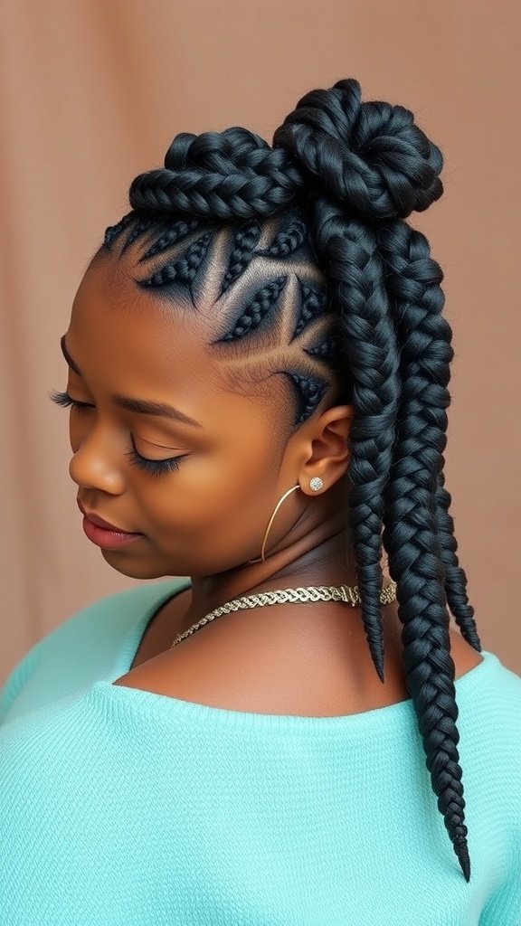 A woman with knotless box braids styled in a side knot, showcasing a chic and elegant hairstyle.