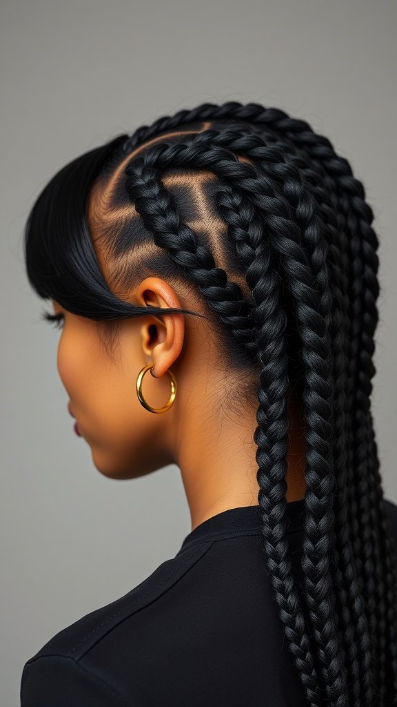 A close-up view of a woman with knotless box braids styled in a side part, showcasing neat braids and gold hoop earrings.