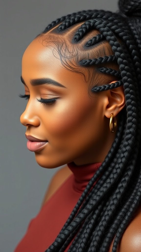 A woman with knotless box braids styled in a side sweep, showcasing her elegant look.