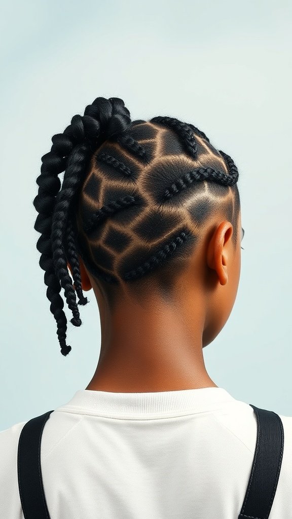 A stylish back view of a person with knotless box braids styled in a side twist.