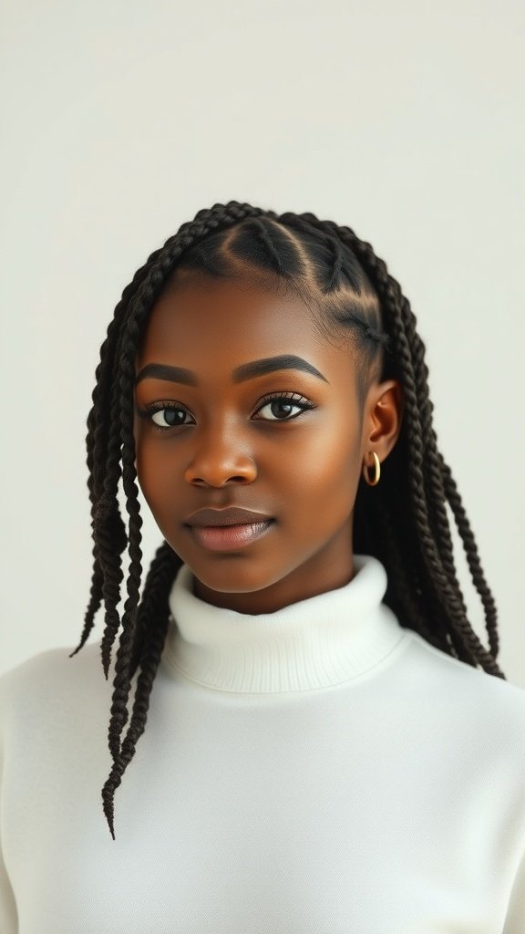 A young woman with knotless box braid twists, showcasing a stylish and protective hairstyle.