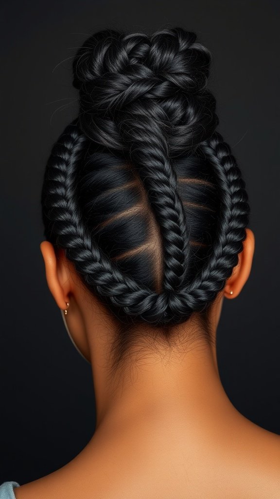 A stylish knotless box braid updo featuring intricate braiding techniques.