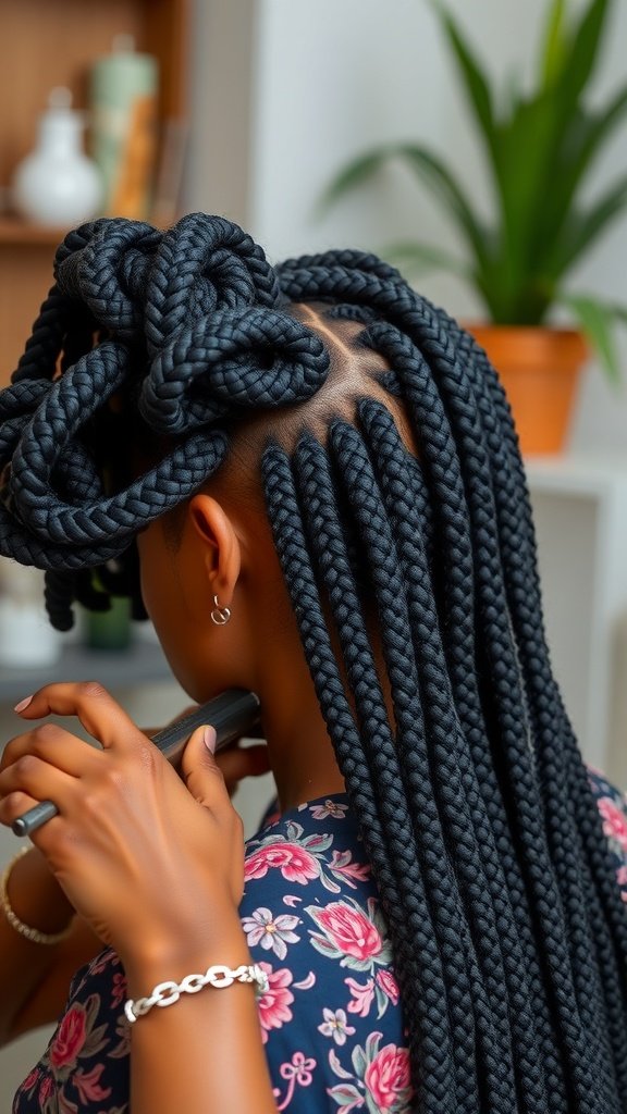 A woman with long knotless box braids styled elegantly, showcasing a creative and trendy hairstyle.