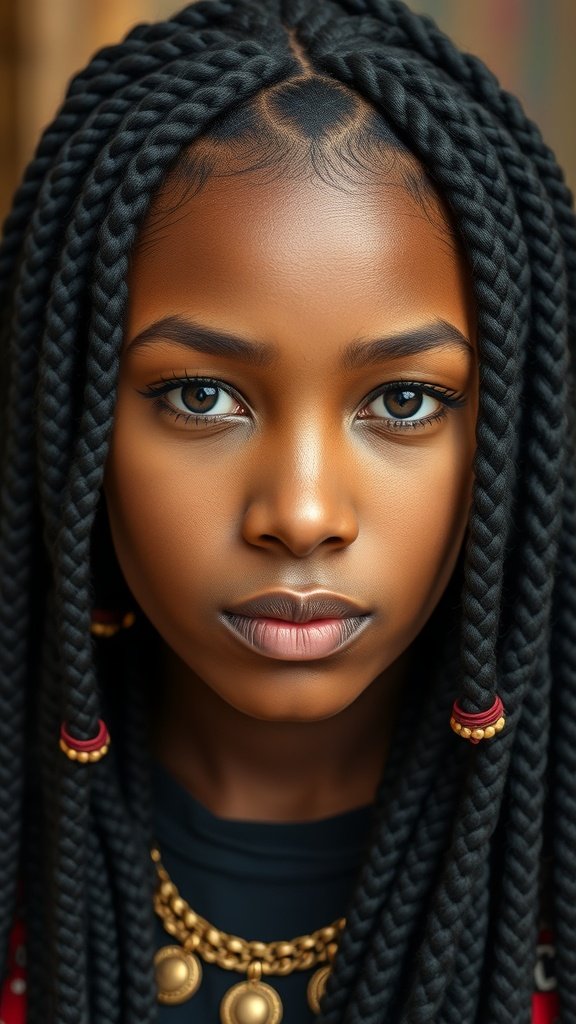 Close-up of a young girl with short knotless box braids, showcasing intricate details and curls.