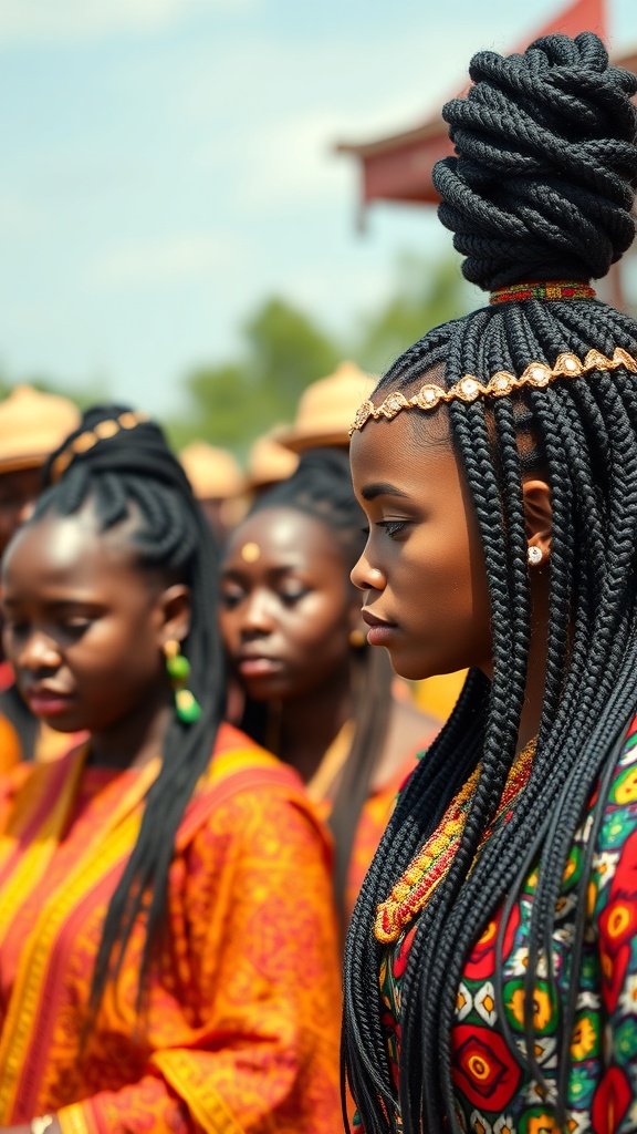 Women with small knotless box braids in traditional attire, showcasing cultural pride.