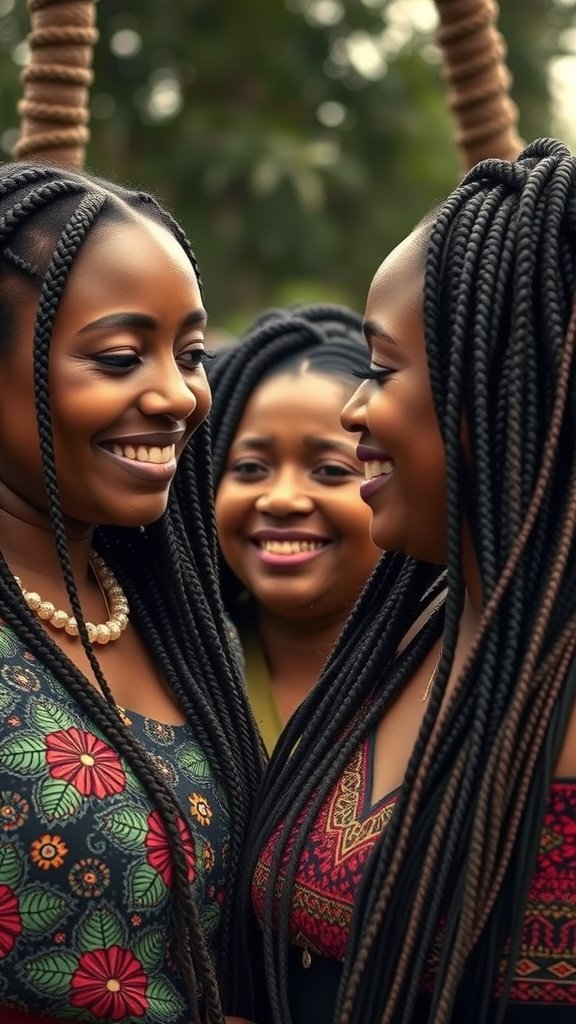 Three women smiling and showcasing their knotless box braids in a natural setting.