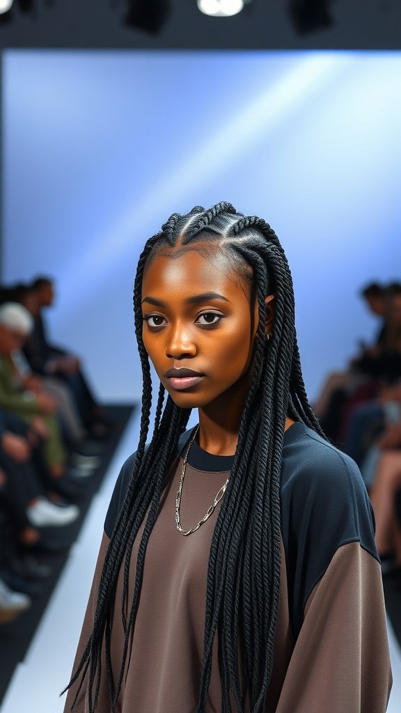 Model showcasing stylish knotless box braids on a runway