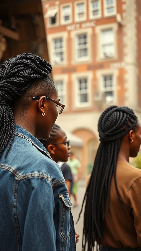 A group of individuals showcasing stylish knotless box braids in a casual setting.
