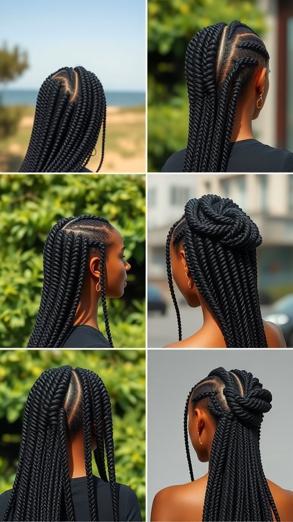 A collage of small knotless box braids showcasing different styles and angles.