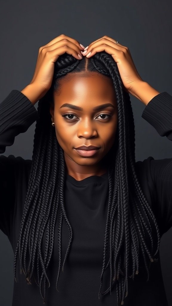 A person showcasing long knotless box braids, highlighting a versatile and stylish hairstyle.