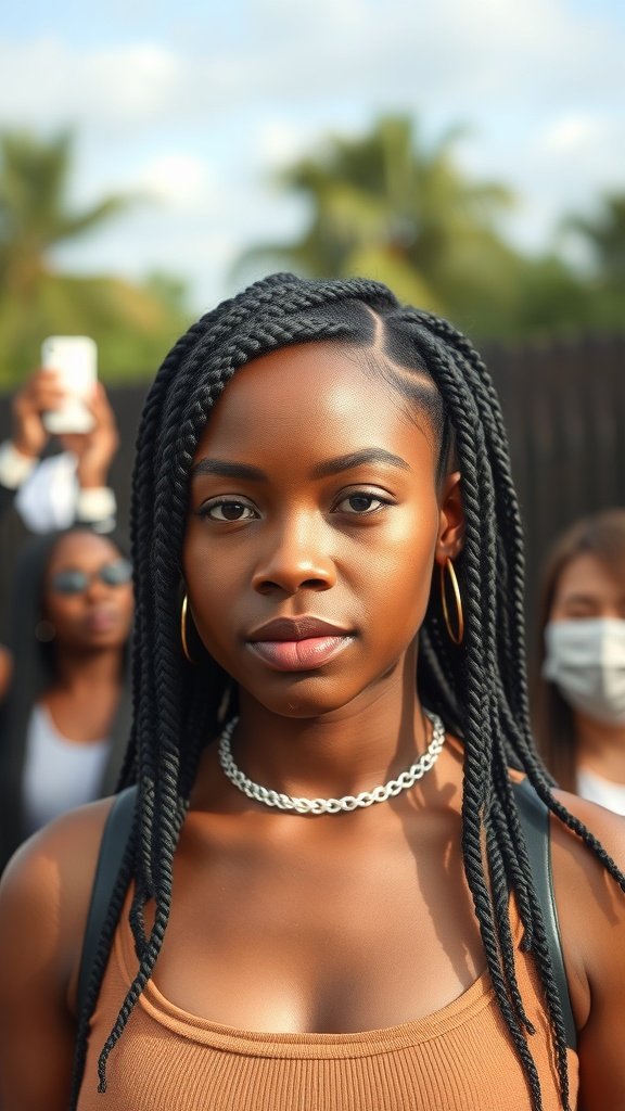 A woman with medium knotless box braids, showcasing a confident look in a vibrant outdoor setting.