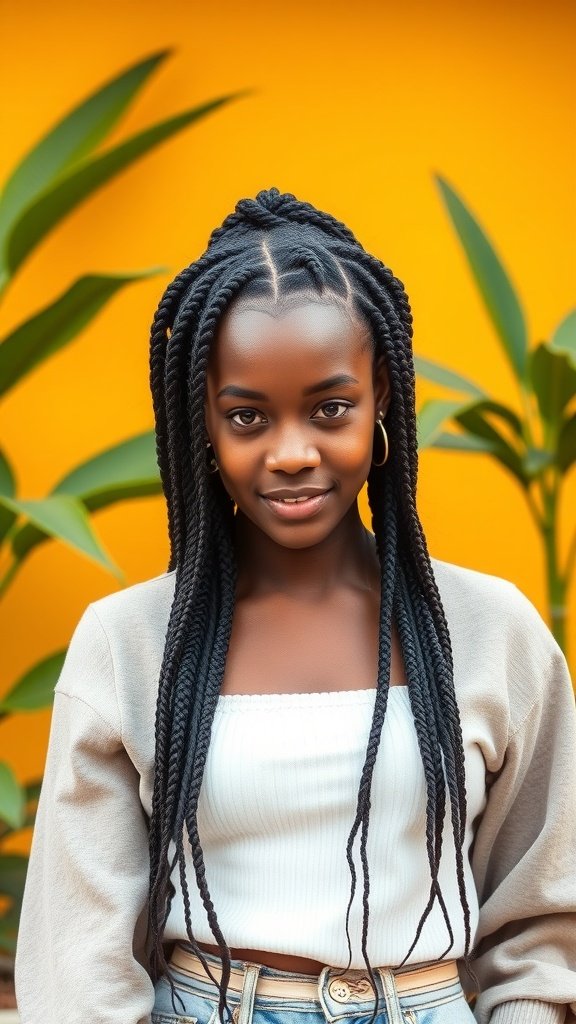 A girl with knotless box braids smiling in front of a vibrant yellow background.