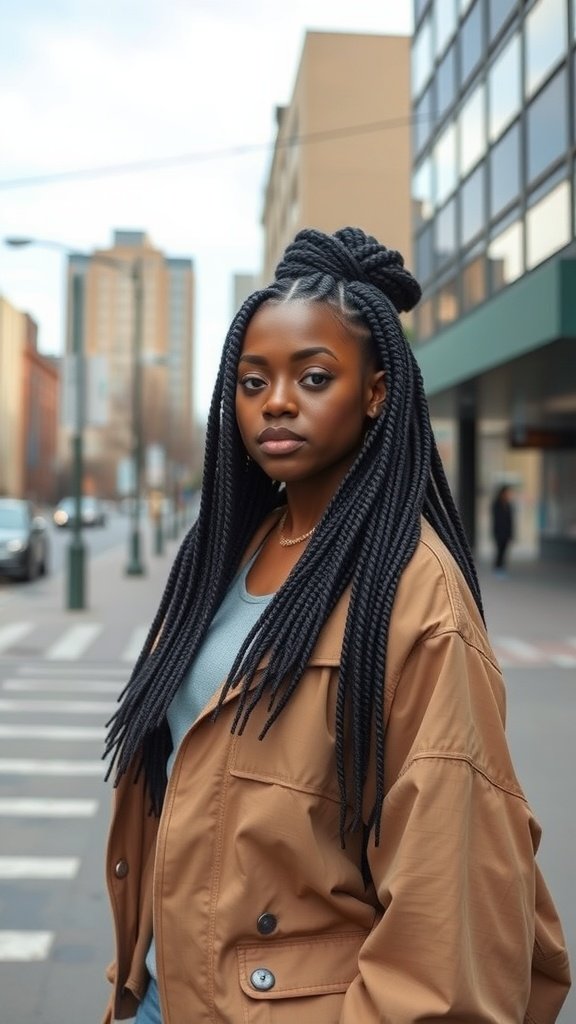 A woman with big knotless box braids standing confidently on the street.