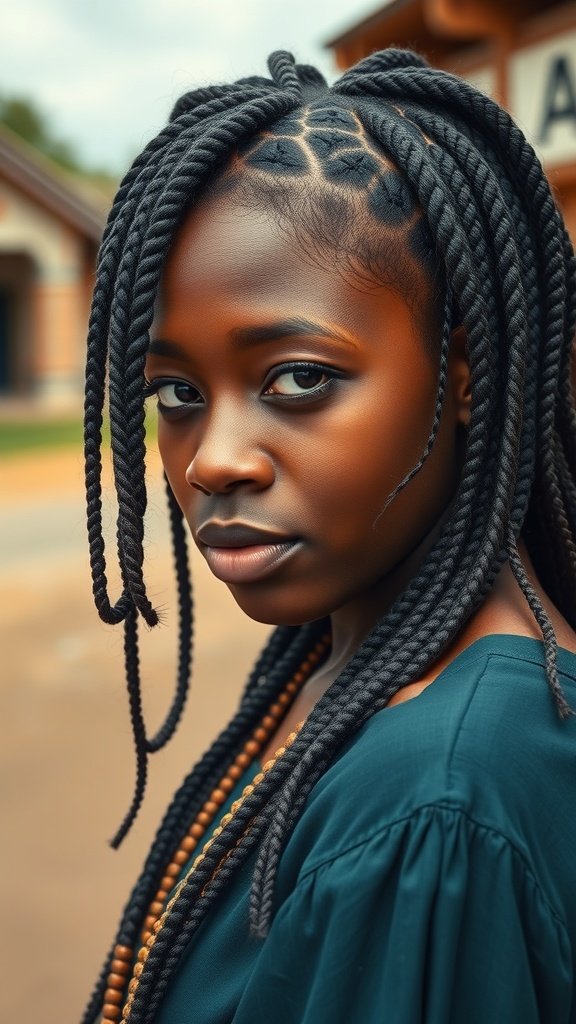 A young woman with knotless box braids, showcasing a stylish and cultural hairstyle.