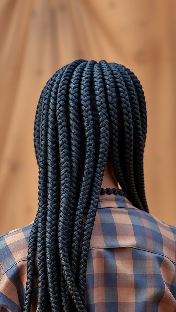 A person with large knotless box braids, showcasing the length and style of the hair.