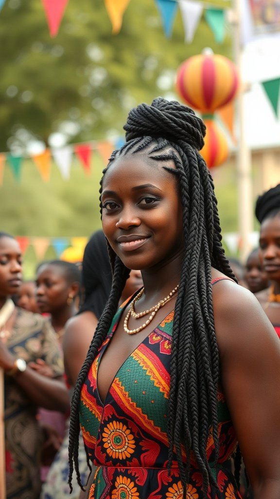 A woman with medium knotless box braids, smiling confidently at a cultural event.
