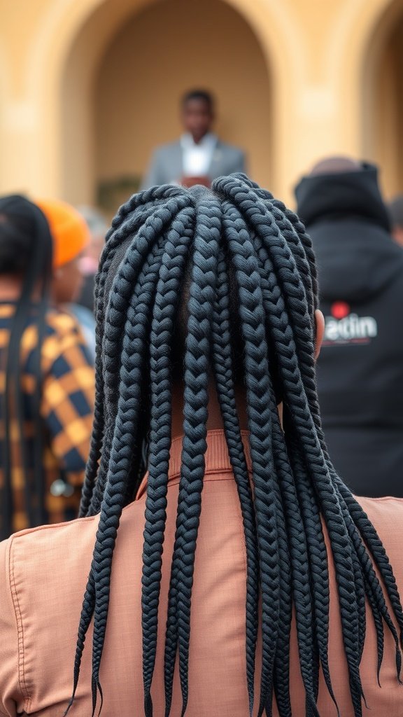 A close-up view of knotless box braids, showcasing their neatness and style.