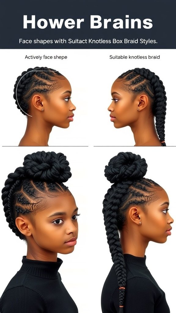 Image showing different knotless box braid styles suitable for various face shapes.