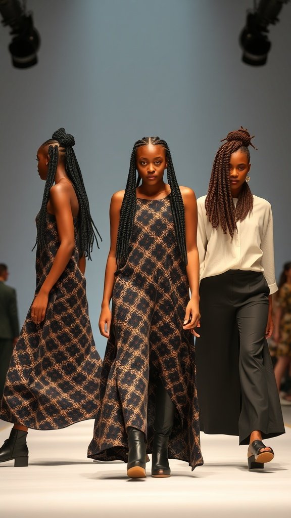 Models showcasing knotless box braids on a fashion runway