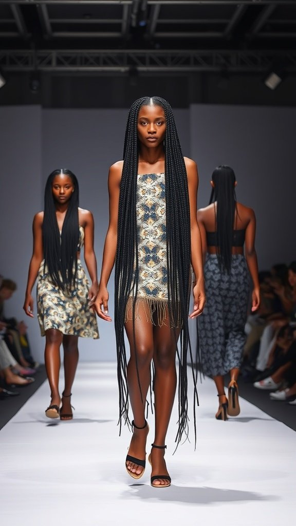 Models showcasing large knotless box braids on the runway