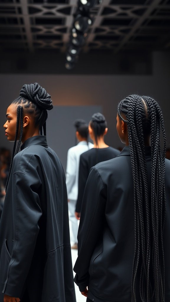 Models showcasing small knotless box braids on a fashion runway.