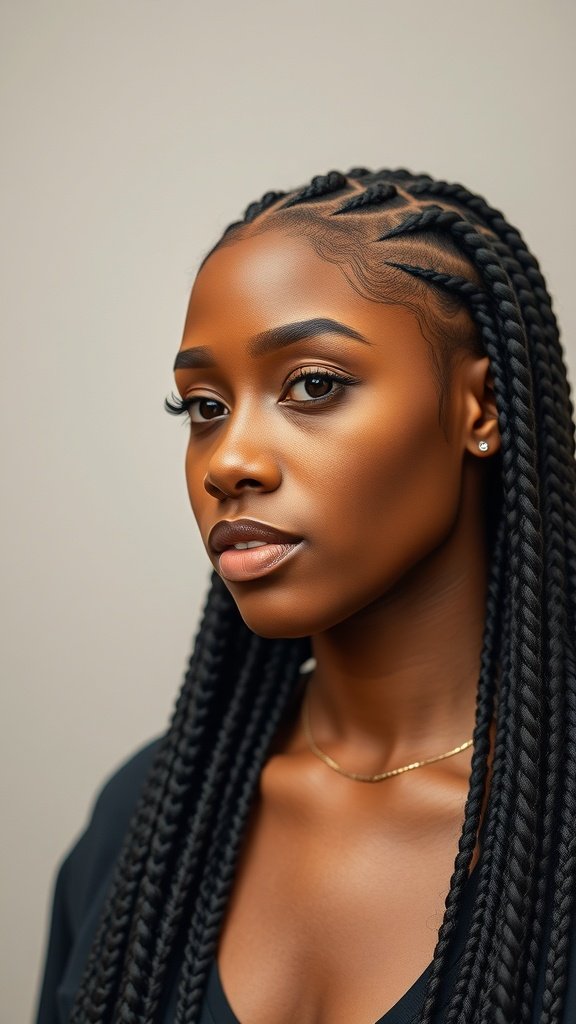 A close-up of a woman with small knotless box braids, showcasing the hairstyle's neatness and elegance.