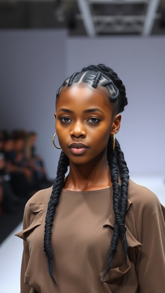 Model showcasing medium knotless box braids on a fashion runway