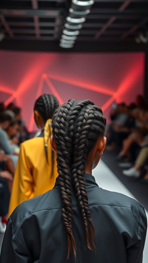 Models showcasing knotless box braids at a fashion show