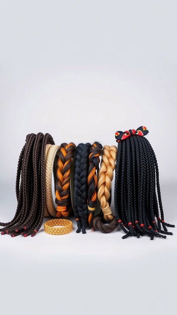 A variety of small knotless box braids displayed with colorful accessories.