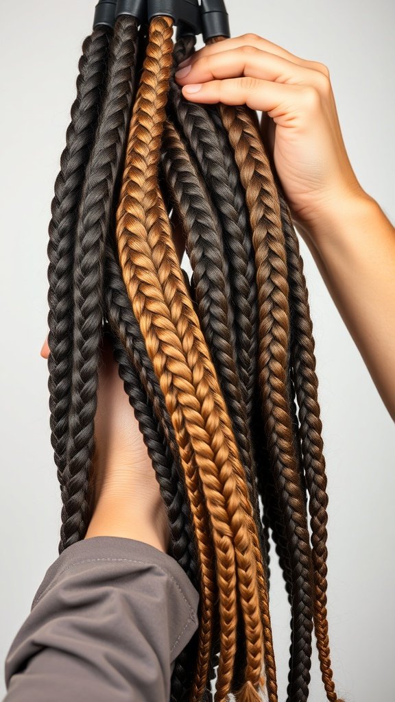 A hand holding various knotless box braids in different colors and styles.