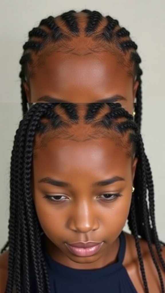 A close-up of a person with large knotless box braids, showcasing neat parts and a stylish look.