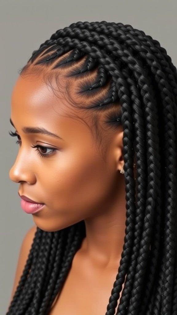 A woman with small knotless box braids, showcasing a neat and stylish hairstyle.