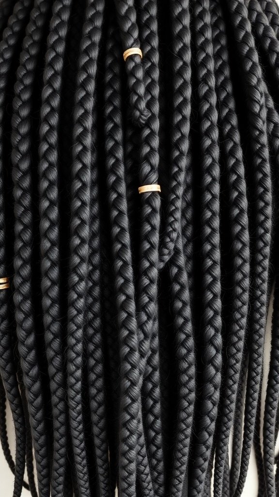 Close-up of large knotless box braids with gold accessories