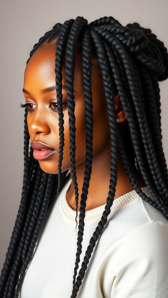 A woman with big knotless box braids styled elegantly.