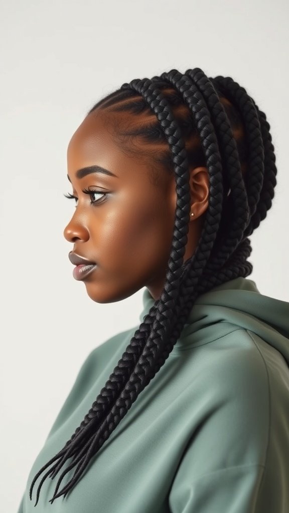 A woman with long knotless box braids styled elegantly, showcasing the beauty and versatility of this protective hairstyle.