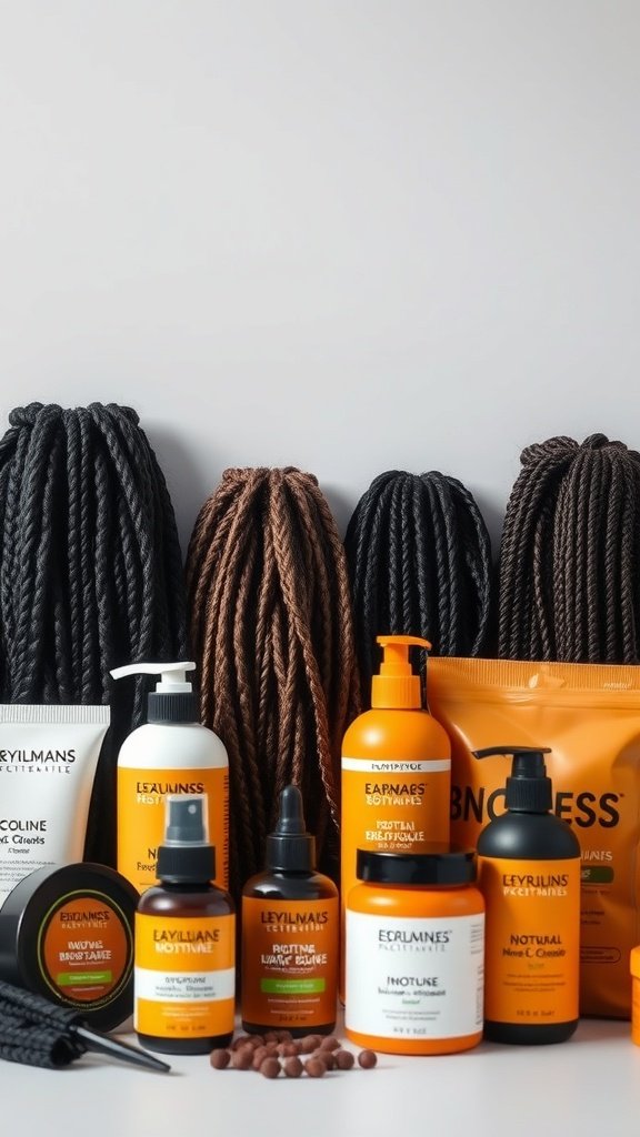 A collection of hair products and large knotless box braids in various colors.