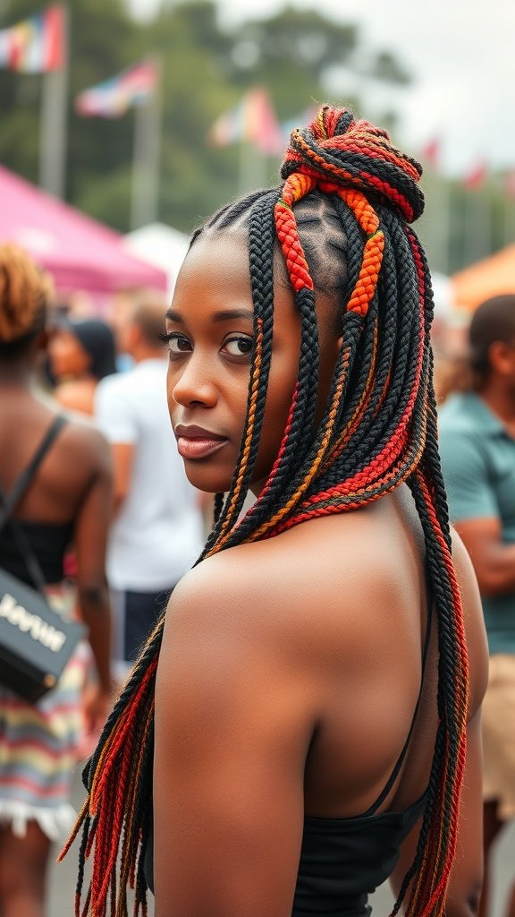 A woman with vibrant medium knotless box braids, showcasing a unique hairstyle at a lively event.