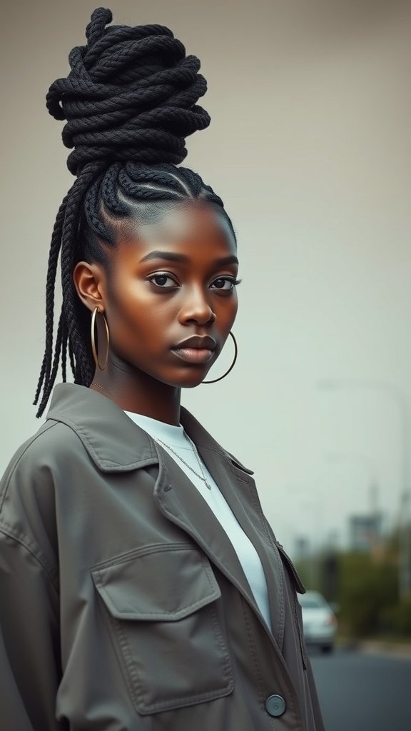 A woman with large knotless box braids styled in a high bun, showcasing a bold and stylish look.