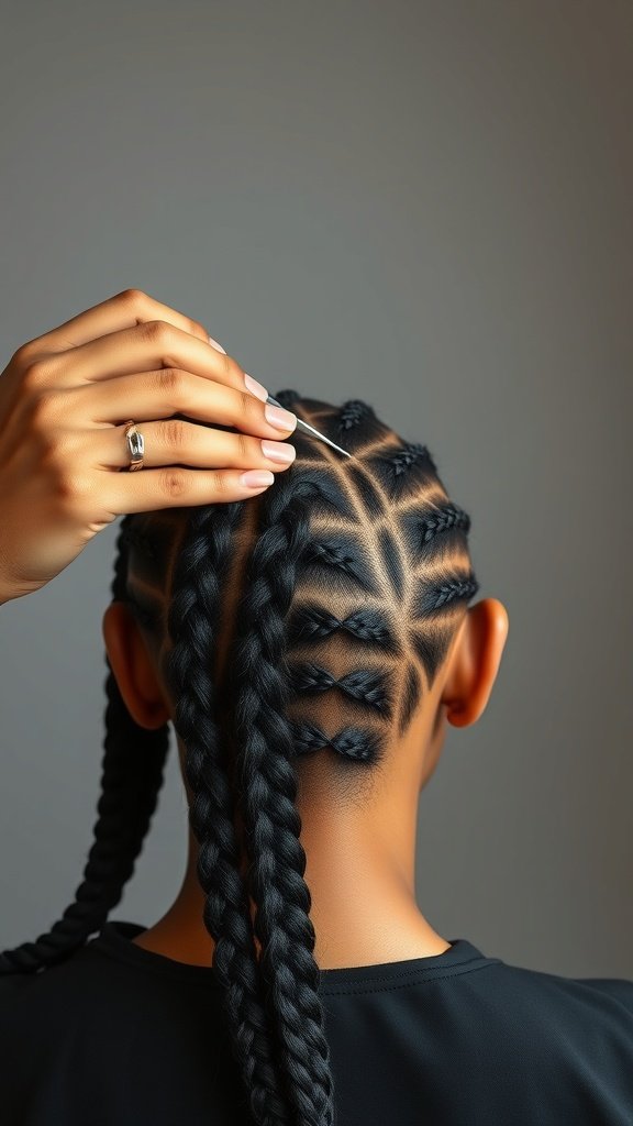 Close-up of a person braiding hair into knotless box braids with a neat braid pattern.