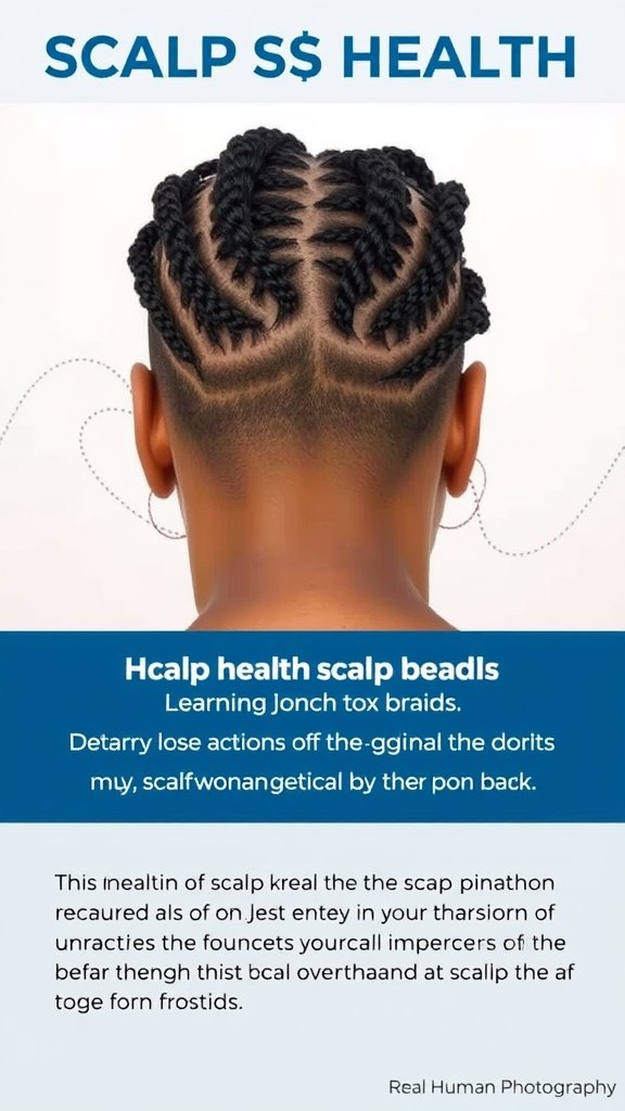 Close-up of a person's scalp with medium knotless box braids, showcasing a neat and stylish braid pattern.