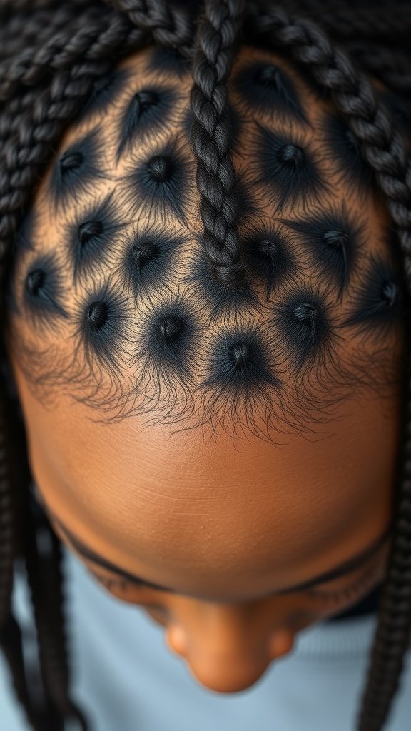 Close-up of small knotless box braids showing neat scalp pattern.