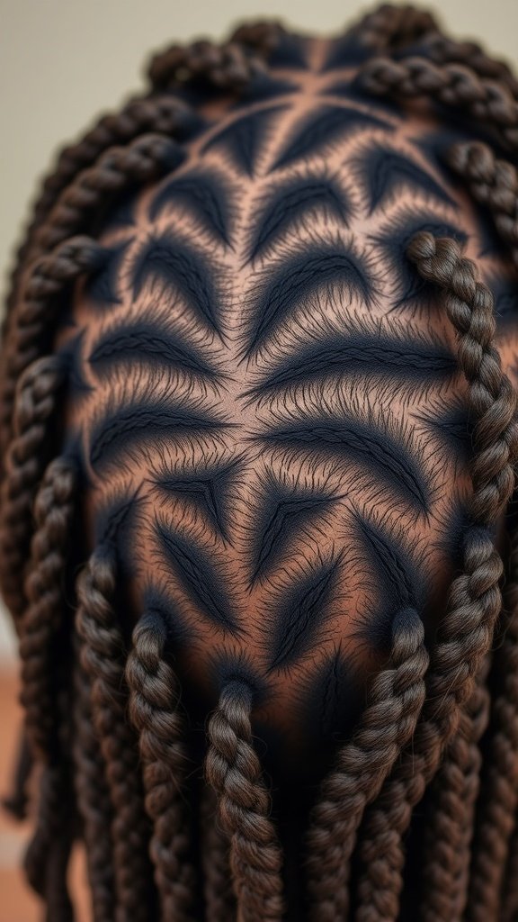 Close-up of a scalp with small knotless box braids, showcasing a unique braiding pattern.